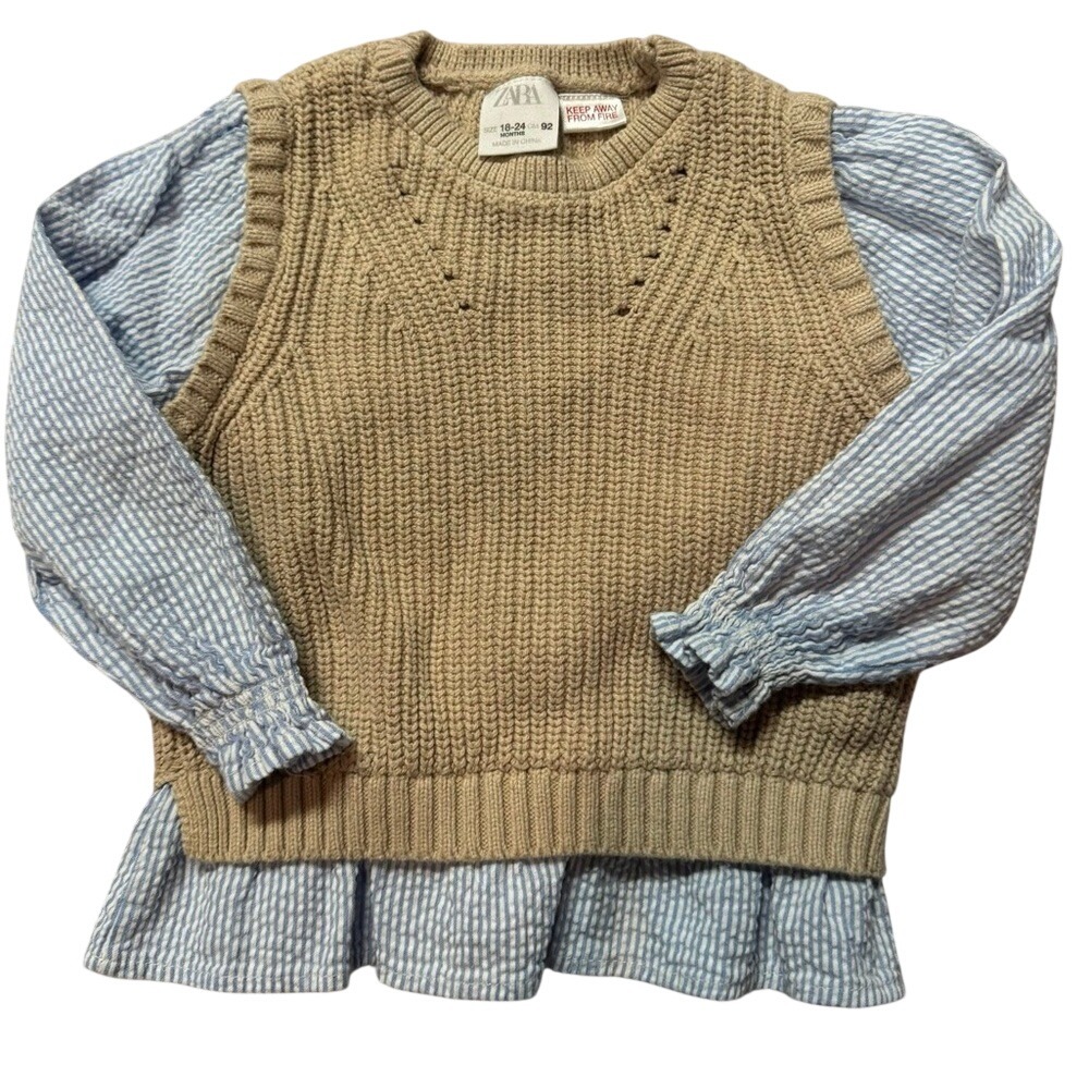Zara Beige Knit Vest with Blue Striped Blouse